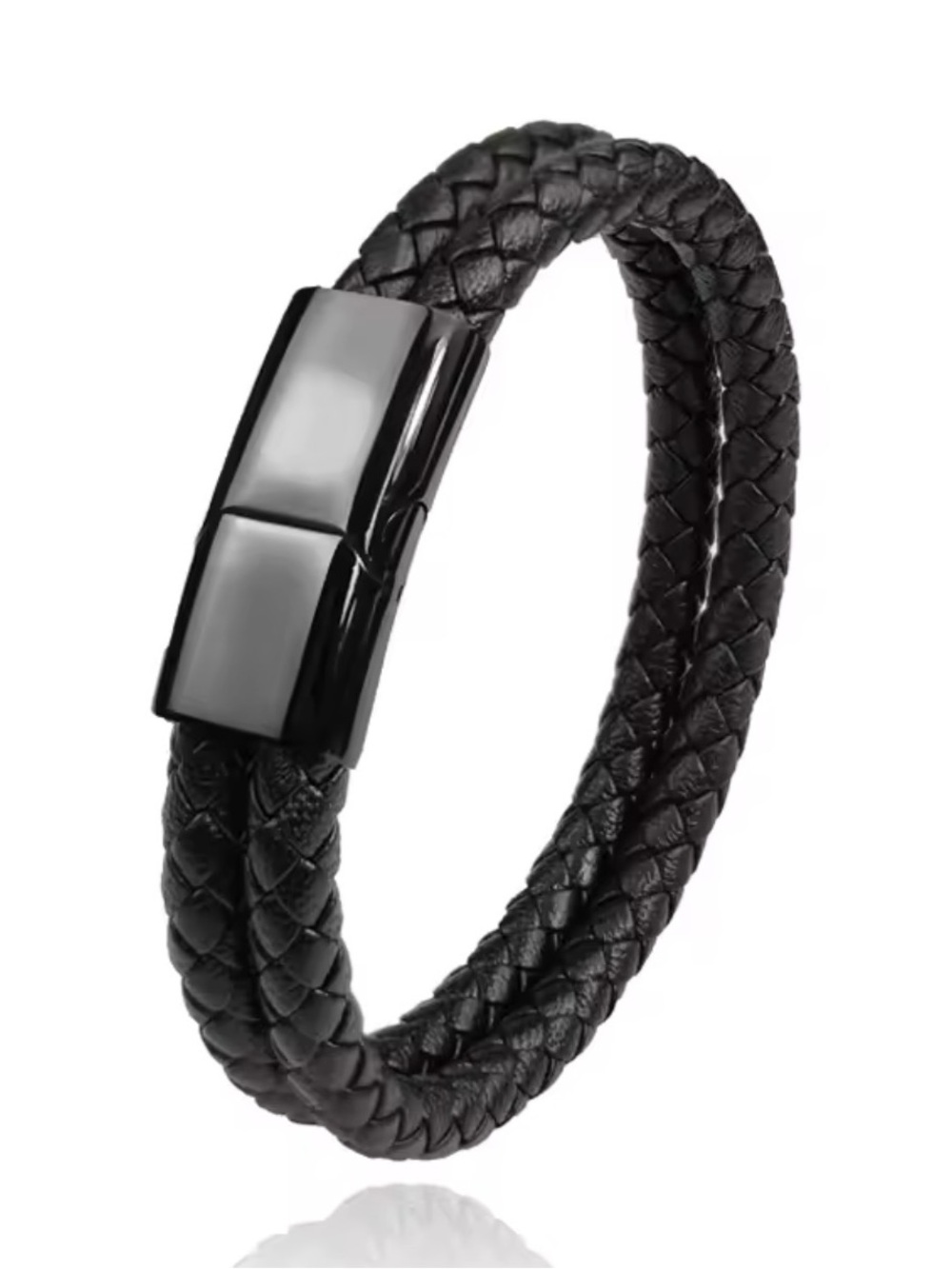 Men’s Boy Black Double Braided Leather Wrap Bracelet Simple Minimalist 8”